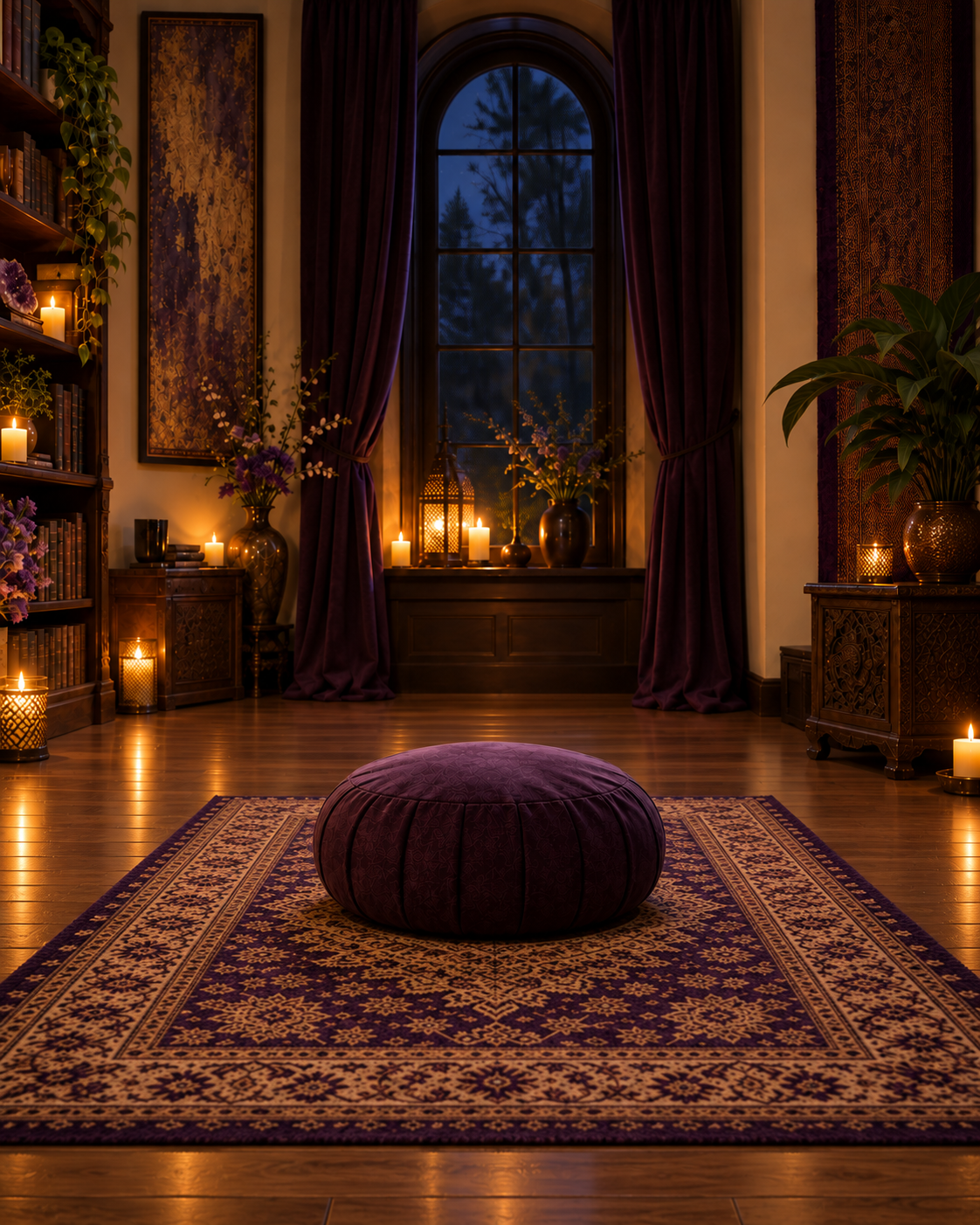 Salón de meditación con cojín violeta sobre alfombra, iluminado por velas al atardecer