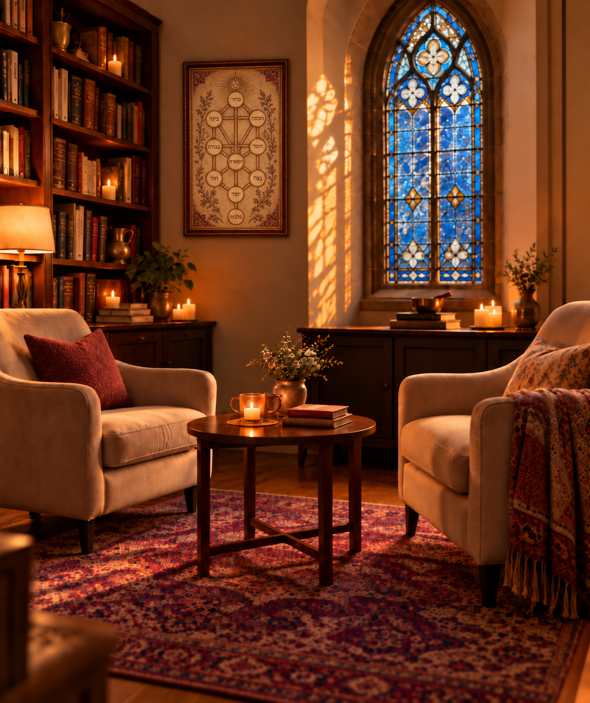 Consultorio cálido con butacas frente a un vitral gótico, estantería de libros, Árbol de la Vida y luz de velas