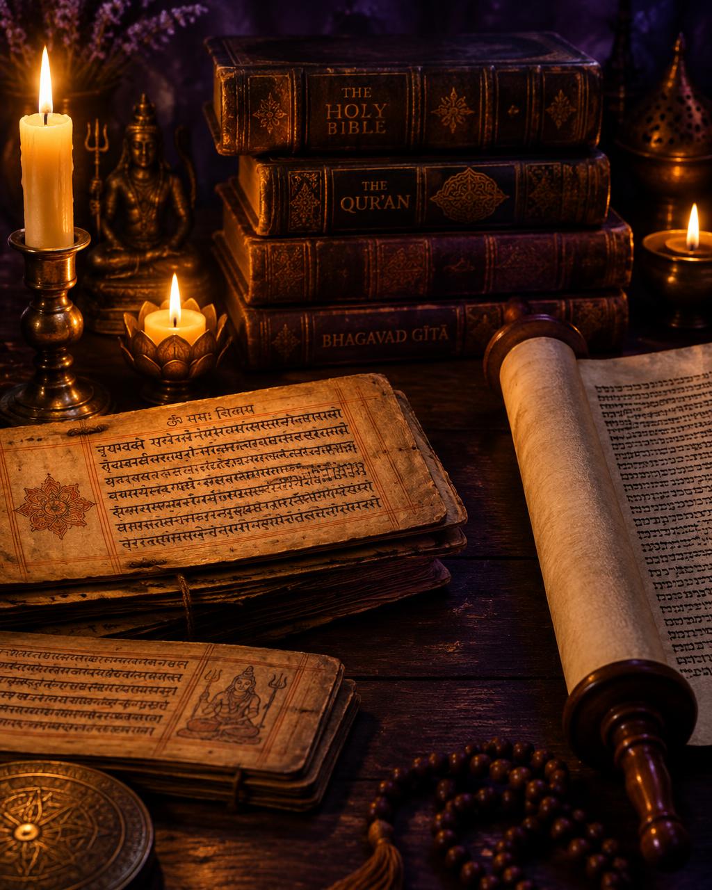 Textos sagrados de distintas tradiciones espirituales sobre una mesa con velas encendidas